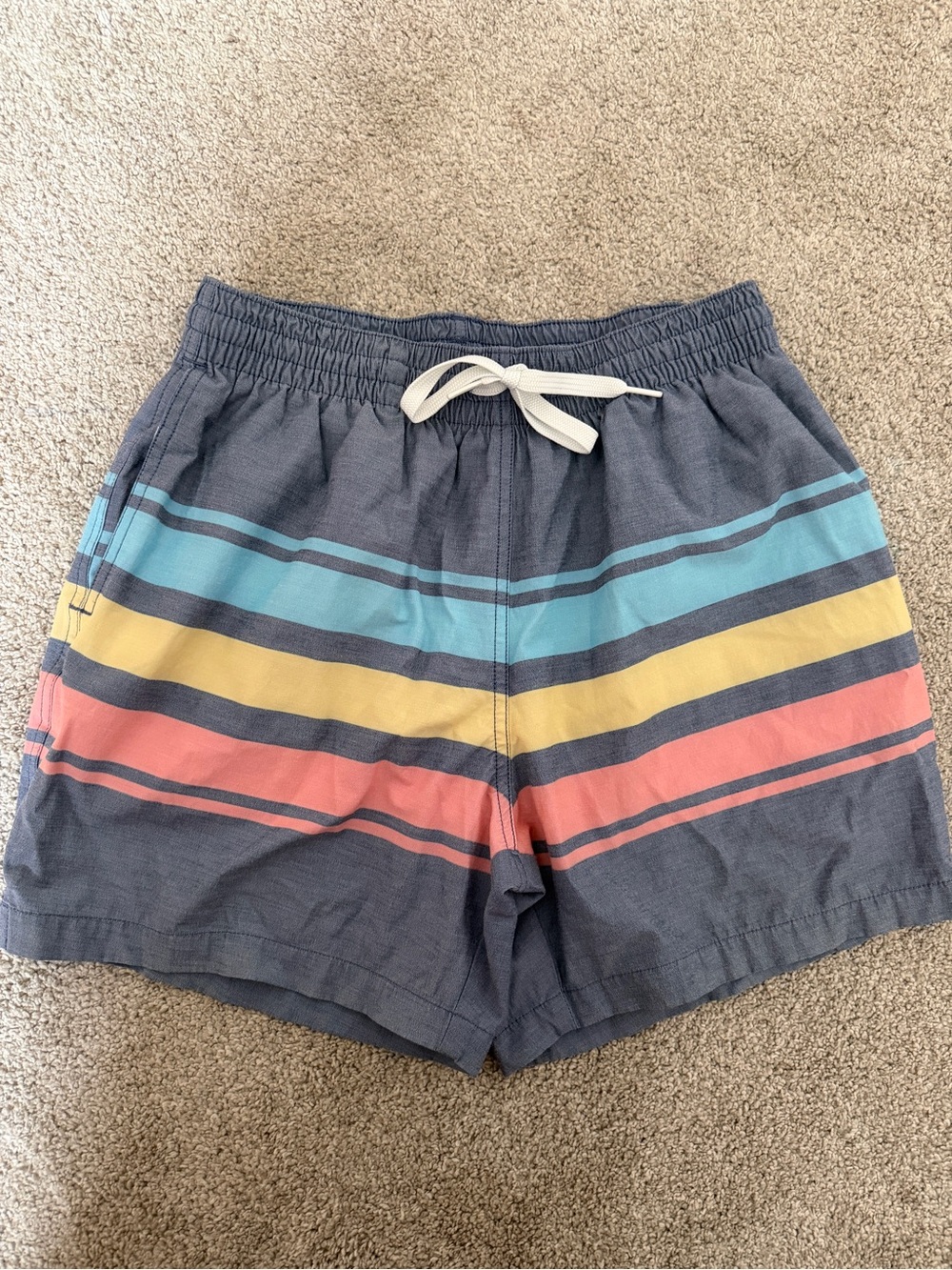 chubbies Slate Blue Swim Shorts with Aqua, Yellow & Coral Stripes